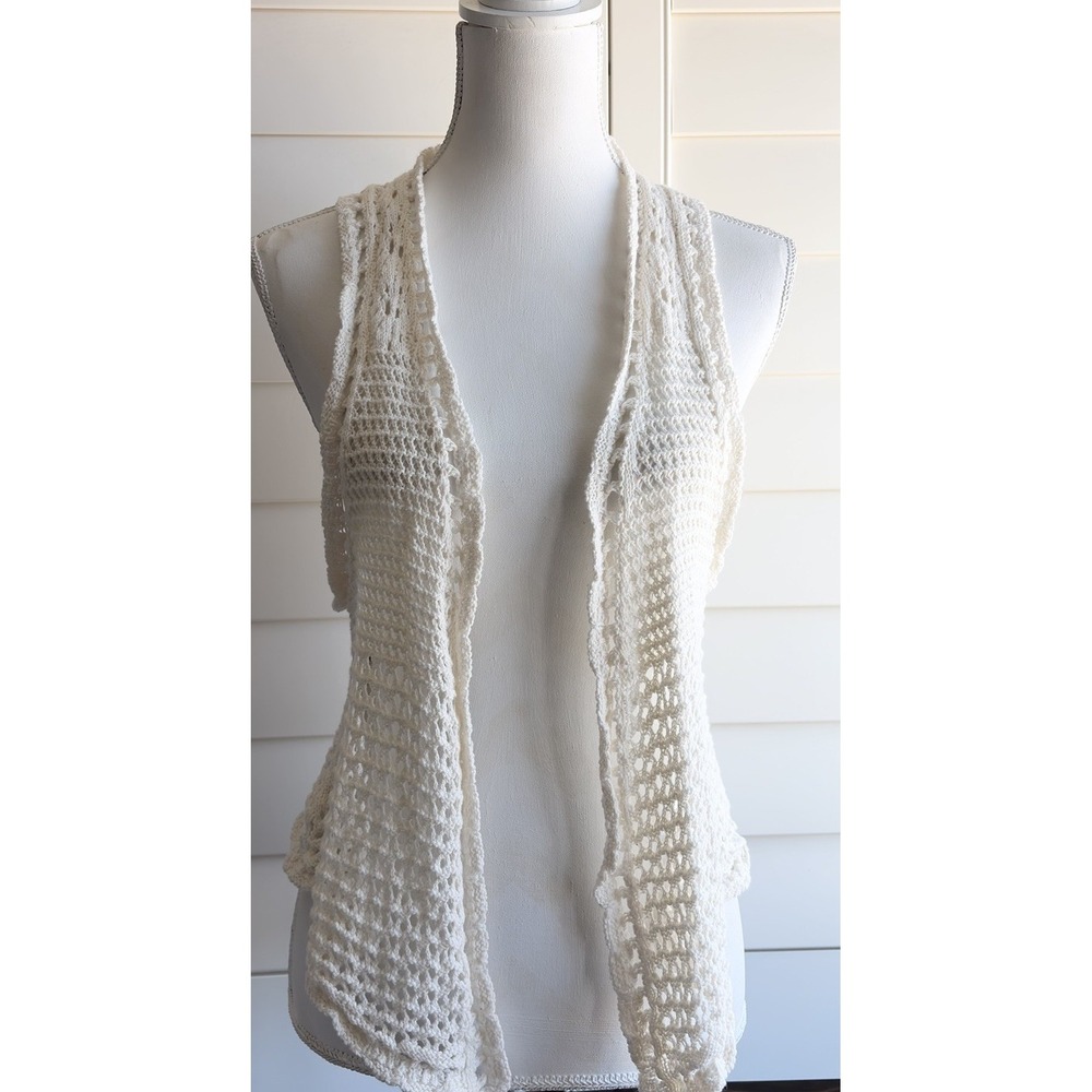 Mudd Y2K Crochet Vest L Ivory Boho Hippie Festival Open Front Cotton Fairycore